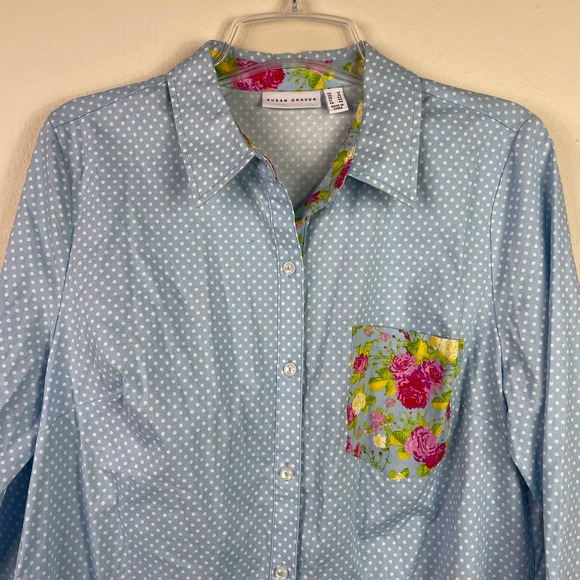 💥BOGO💥 Susan Graver Blue Polka Dot Blouse with Floral Pocket - Picture 3 of 10